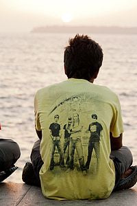 man, sitting, quietly, india, indian, sea, shore