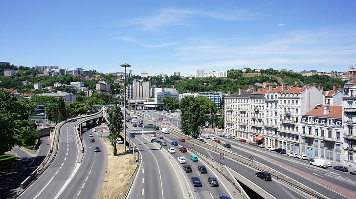 Lyon, alagút, forgalom, utca, utca-és városrészlet, építészet, városi táj