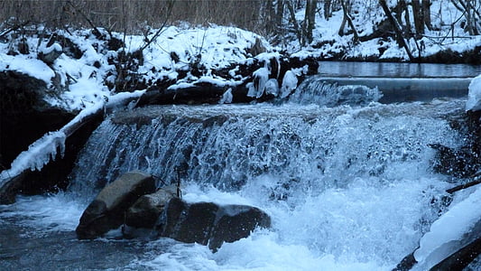 river, waterfall, current, nature, winter