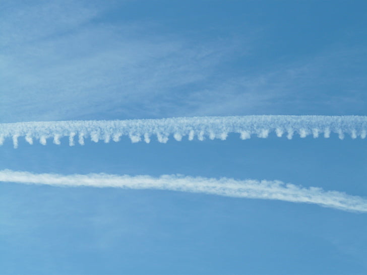 Kondenzacijski tragovi, nebo, oblaci, plava, letjeti, zrakoplova, klima