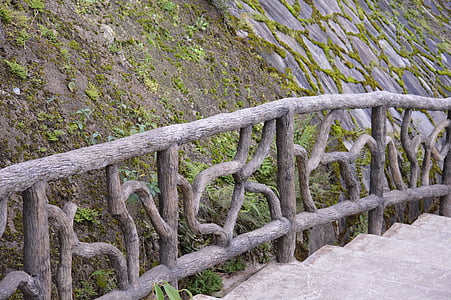 fence, wood, moss, stairs, branches, design, rock
