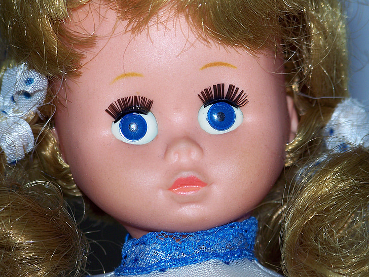 boneca, cara, cabeça, olhos, azul, fêmea, menina
