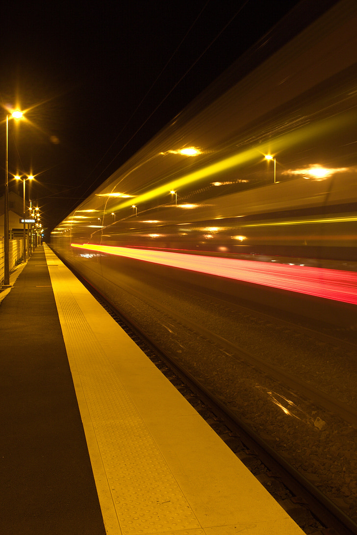 vlakem, Ter, přístaviště, rychlost, nádraží, noční, osvětlení