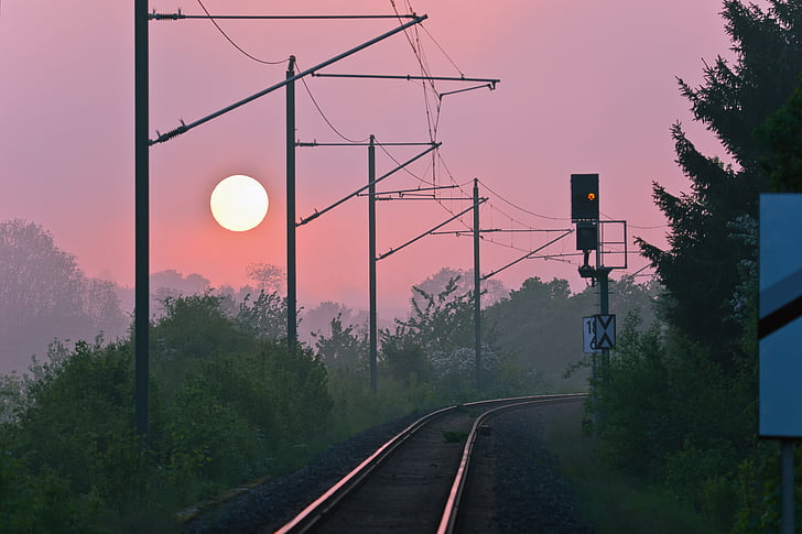 zonsondergang, leek, abendstimmung, spoorwegen, spoorweg track, bovenleiding, treinen
