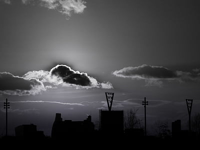 černobílé, budovy, mraky, Černobílý tisk, Příroda, silueta, obloha
