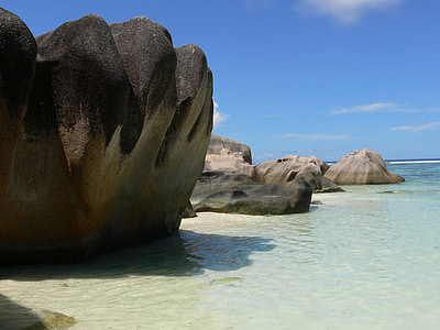 seychelles, beach, rocks, ocean, landscape