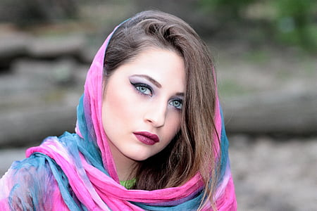 girl, scarf, covered, oriental, blue eyes, beauty, coloring