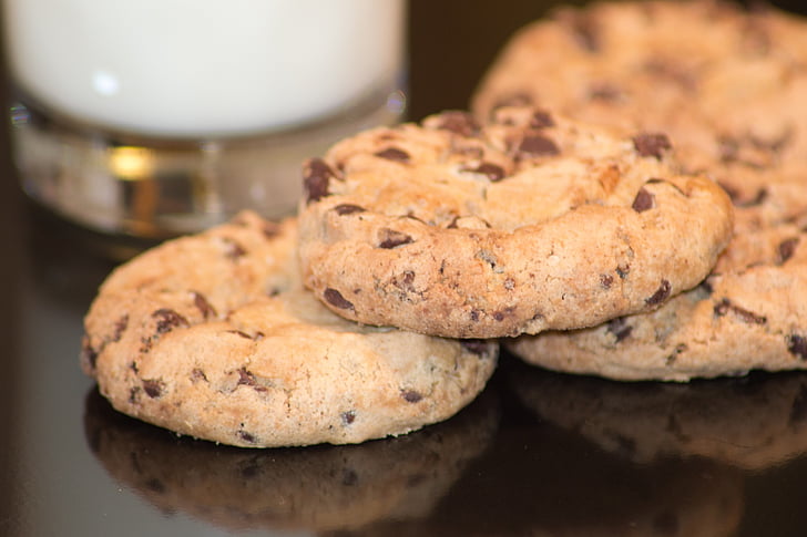 chocolate chip cookies, milk, food, snack, baked, tasty, delicious