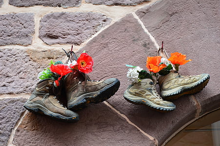 sapatos, caminhadas, vaso de flor, Calçado de montanha, decoração