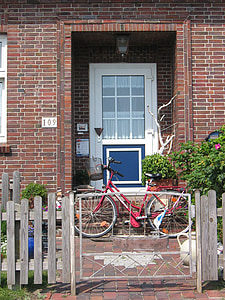 įvestis, durys, dviratis, kviečia, draugiškas, akmens pastatytas namas, Baltrum