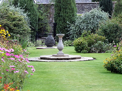 urn, garden, plants, slate, sundial, grass, lawn