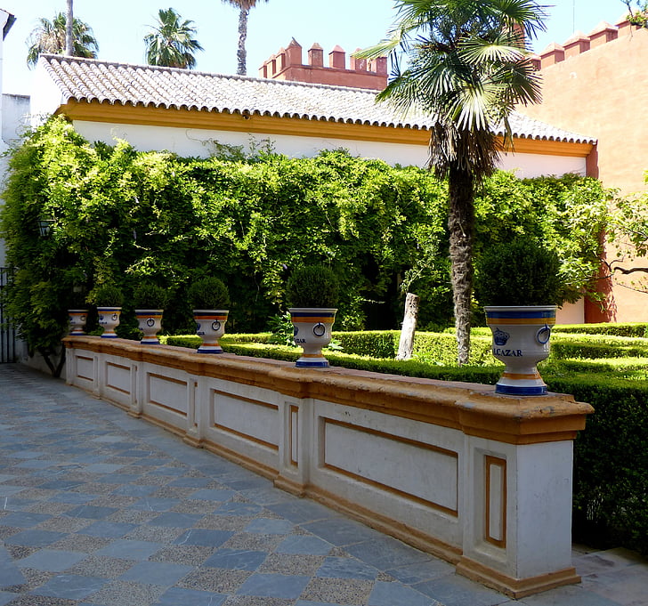 Alcazar, kert Park, kerámia, edények, fal, növény, Sevilla