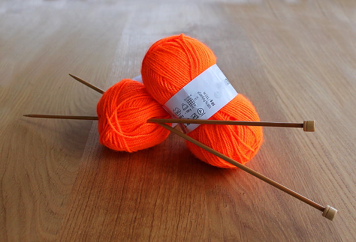 yarn, orange, knitting needles, hobby, handwork