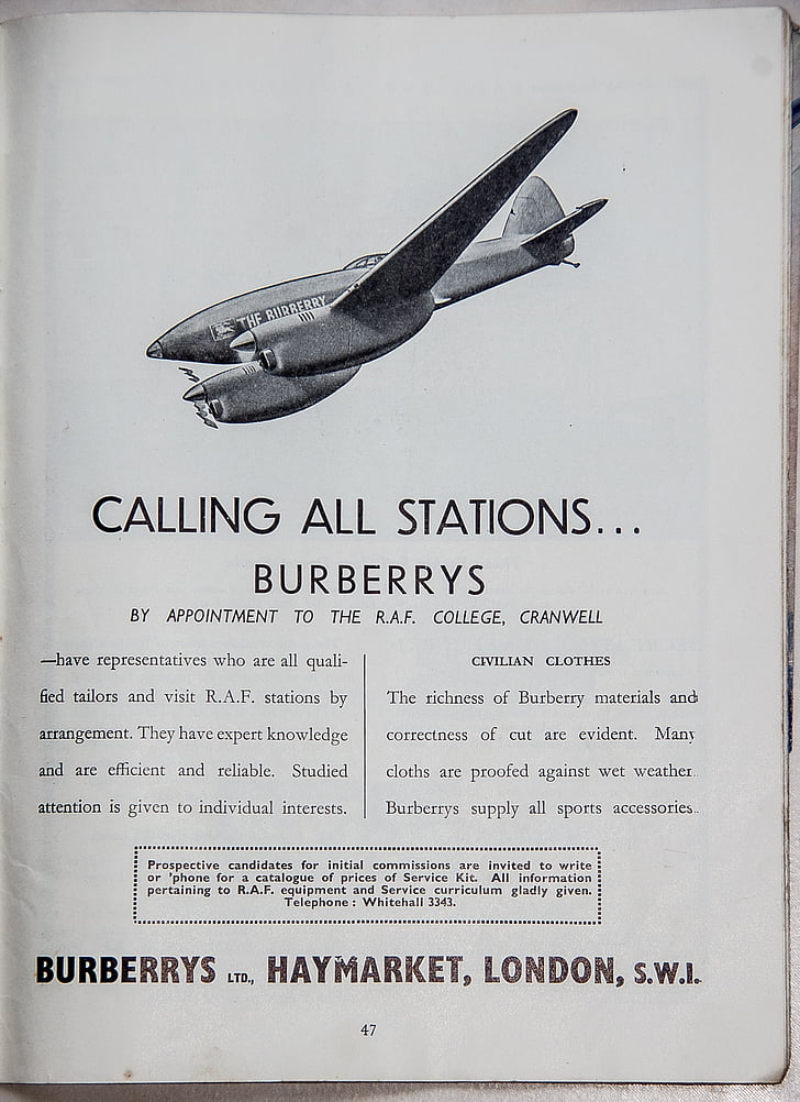 annons, Burberry, kläder, plan, flygplan, historiska, luft