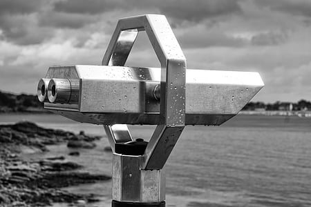 beach, binoculars, black-and-white, coast, macro, shore, tower viewer