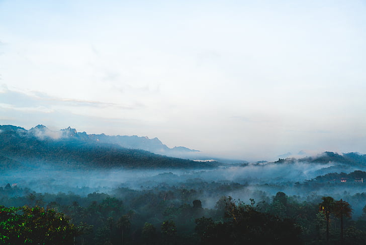 mountains, landscape, trees, nature, fog, clouds, sky