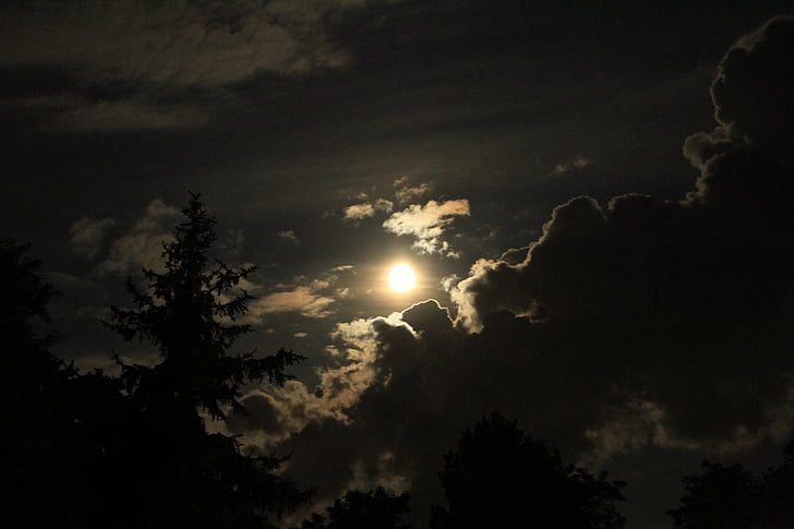 night, moon, clouds, sky, mood, silent, magic