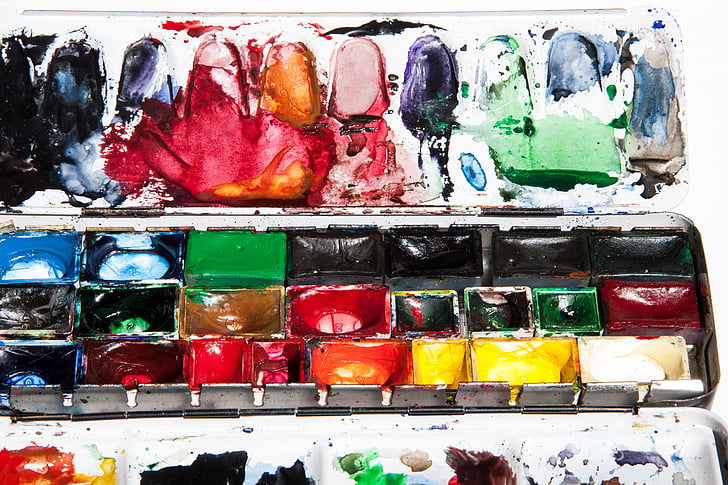 watercolor box, color, color wells, malkasten, color blends, colorful, mix