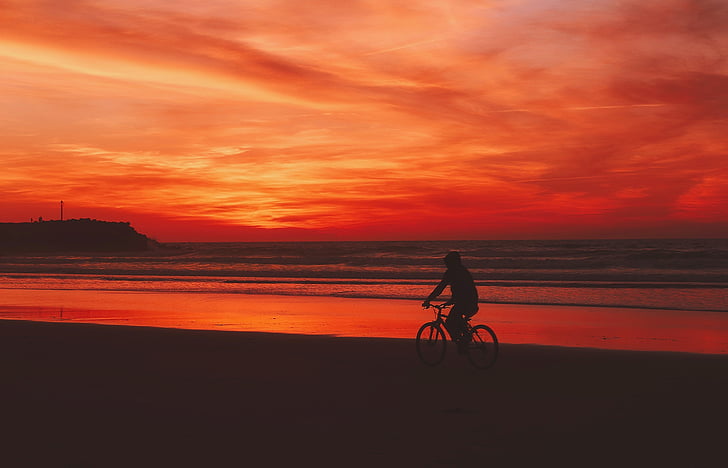 Захід сонця, Сутінки, Красивий, небо, хмари, їзда, велосипед