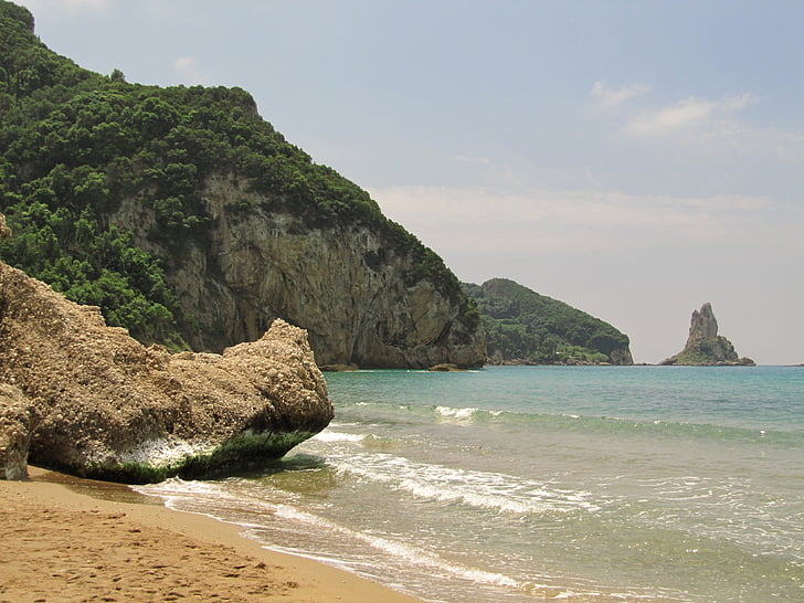 zee, geboekt, Corfu, Griekenland, strand, vakantie, zand