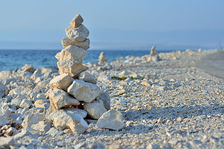 Pierre, Cairn, tas de pierres, blanc, plage, mer, nature
