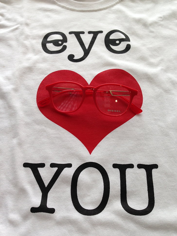 t-shirt, afdrukken, hart, bril, liefde, ontwerp, rood