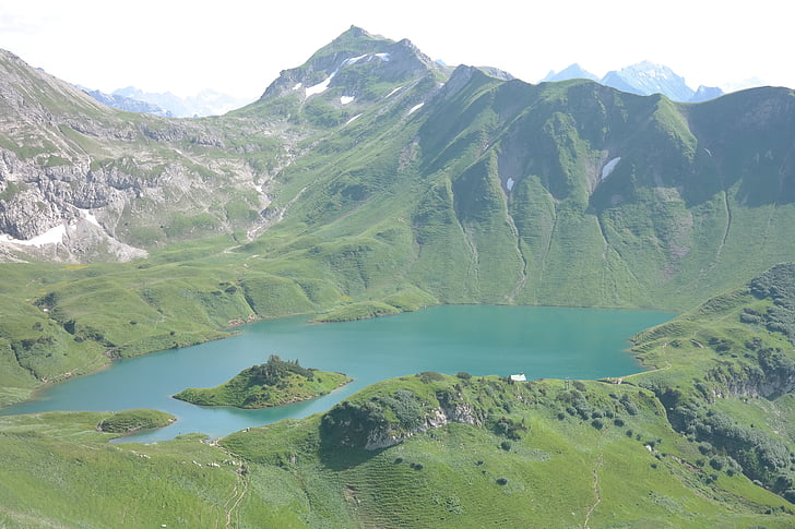Schrecksee, hochgebirgssee, Allgäuské Alpy, jezero, voda, ostrov, jezero s ostrůvkem