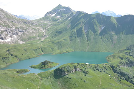 schrecksee, hochgebirgssee, Alpes de Algovia, Lago, agua, Isla, Lago con isla