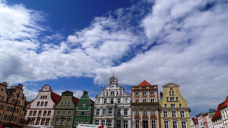 fachadas de casas, mercado, Rostock, Historicamente, casas, edifício, velho