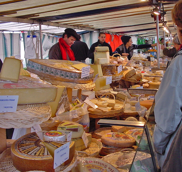 paris, market, cheese, cheese counter, market stall, france