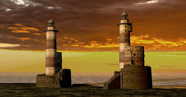 lighthouse, evening, sunset, afterglow, sea, lighthouses, bank