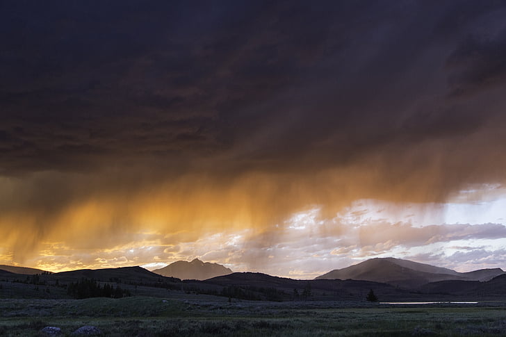 sunset, thunderstorm, clouds, rain, swan lake, water, yellowstone national park