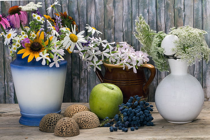 still life, flowers, vases, flower vase, apple, decoration, flower