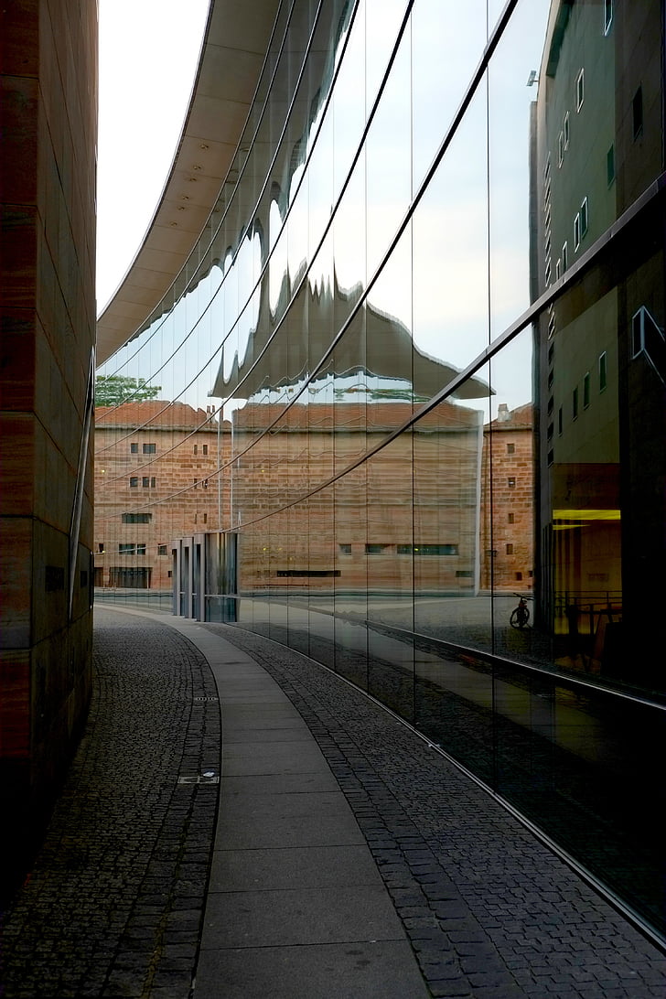 bâtiment, moderne, architecture, mise en miroir, façade, fenêtre de, façade en verre