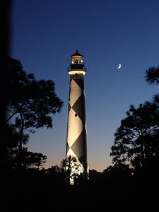 lighthouse, ocean, night, darkness, moon, sea, light