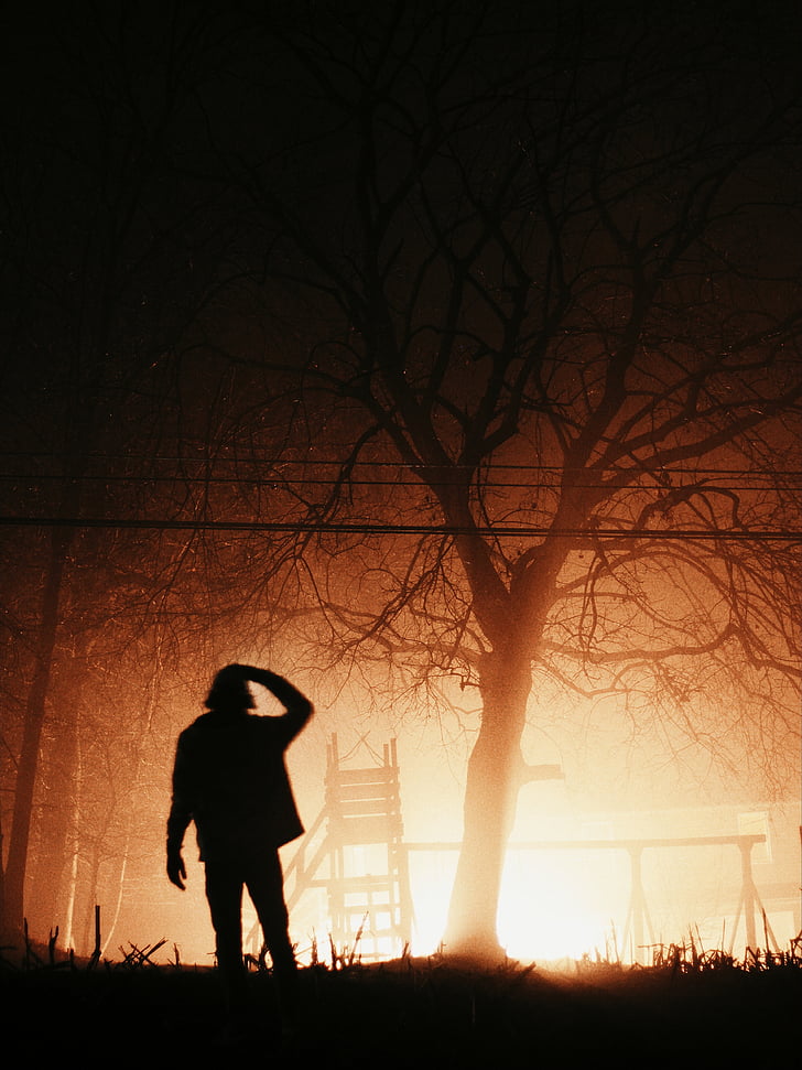 person, standing, front, burning, house, night, time