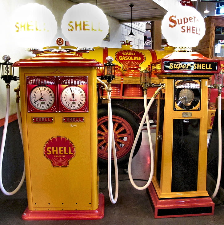 shell gasoline pumps, antique, restored, canada