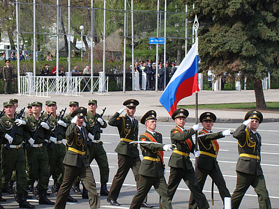 průvod, den vítězství, Samara, Rusko, plocha, vojáci, vojáci