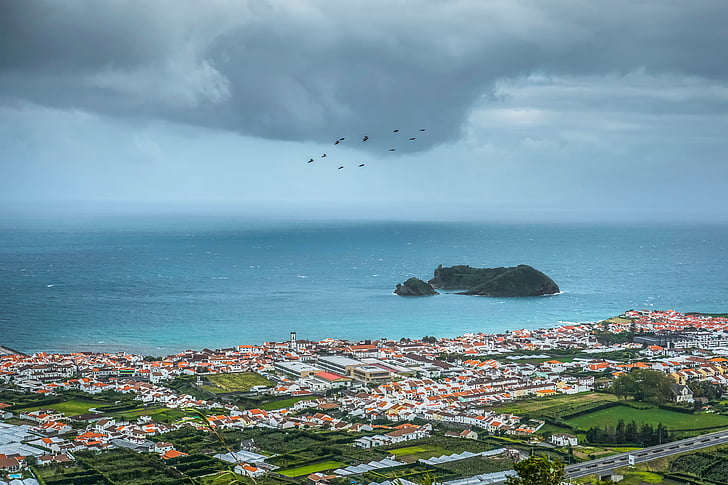 Açores, paysage urbain, Côte, maisons, océan, Portugal, mer
