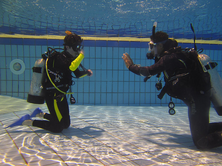 diving, teaching, scuba diving, exercise, water, pool, underwater