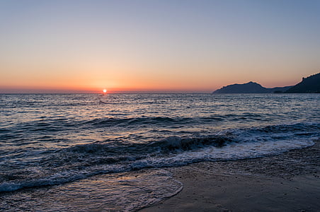sunset, beach, water, sea, afterglow, silhouette, ocean