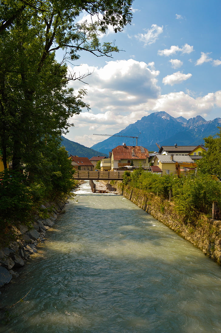 kanal, Østrig, bjerge, natur, bjergtop, træer, blå himmel
