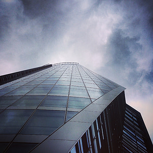 edificio, vidrio, fachada, gris, cielo