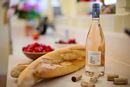 pink wine, baguettes, french, france, wine, bread, food