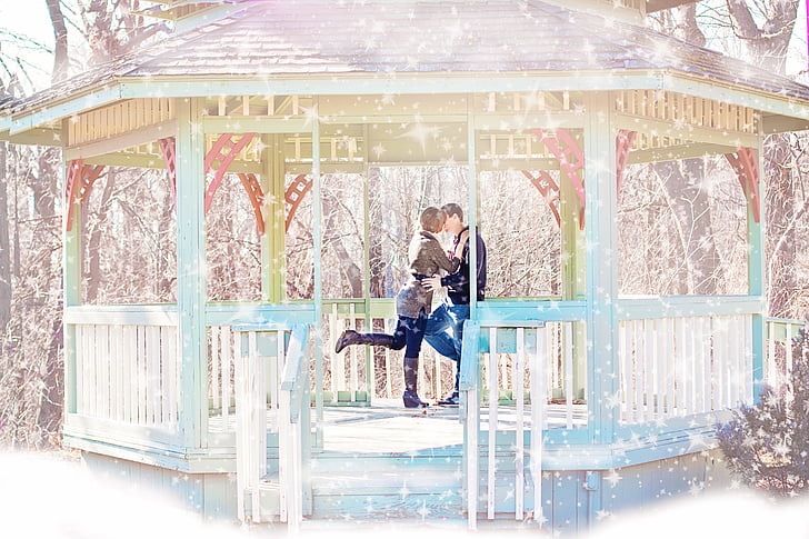 couple, kissing, gazebo, winter, snow, happiness, together