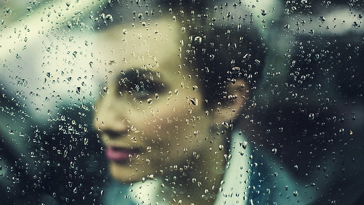 finestra, gotes de pluja, vidre, mullat, temps, persona, femella