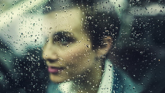 ablak, eső esik, üveg, nedves, Időjárás, személy, női