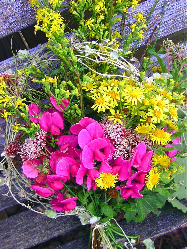 μπουκέτο, λουλούδια, διακόσμηση, Κίτρινο, ροζ, ανοιχτό μπλε, ανθοδέσμες