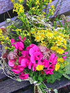 bouquet, flowers, decoration, yellow, pink, light blue, bouquets
