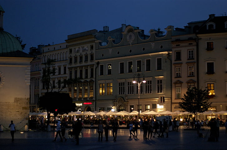 Piazza principale, notte, Cracovia, città, architettura, punto di riferimento, costruzione